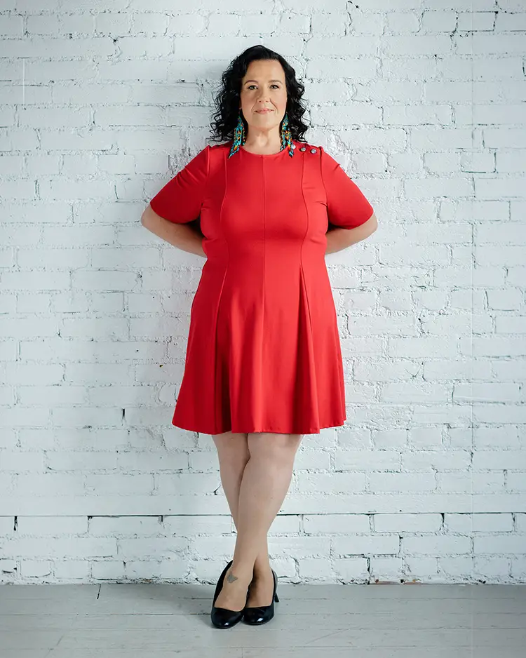 Kristine Dandavino, Oshawa Piano in a red dress
